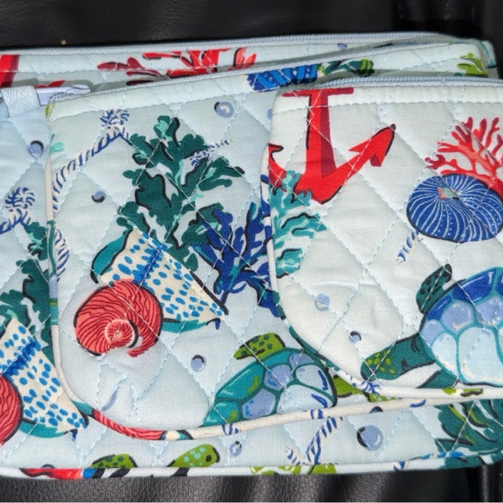 Vera Bradley Sea Life Quilted Wristlet set of 3. Light Blue with Red Accents